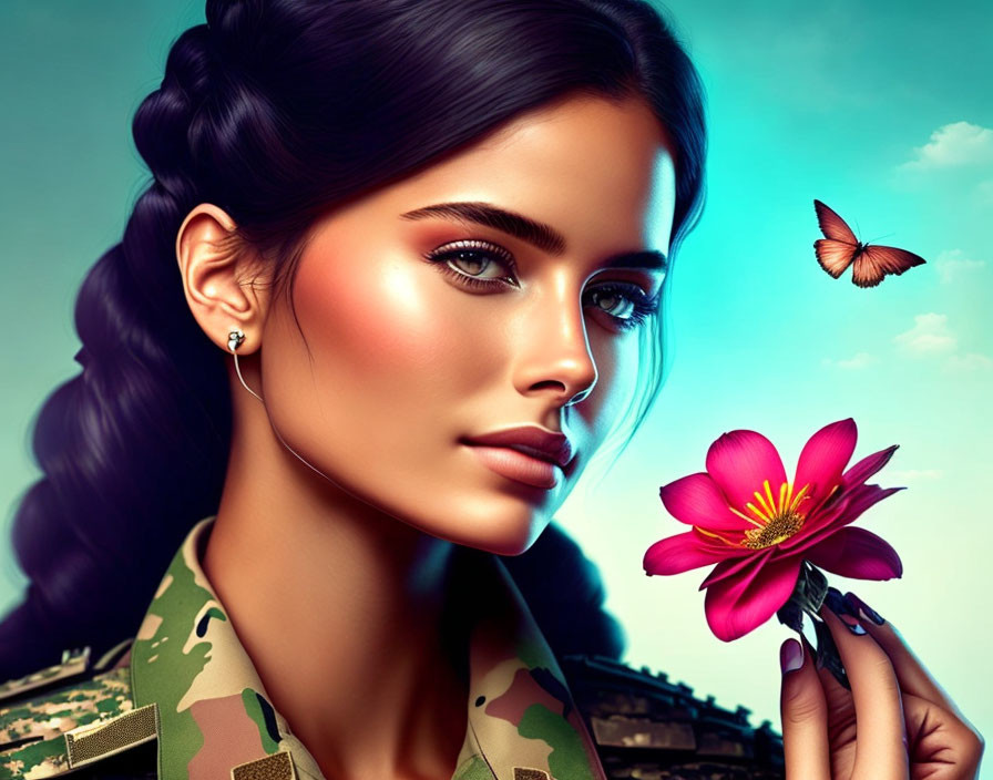 Stylized portrait of woman with braided hair in camo outfit holding pink flower