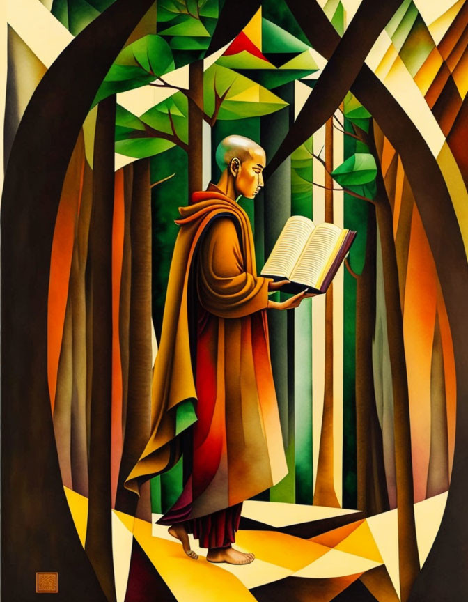 Monk reading book in forest with geometric trees and warm colors