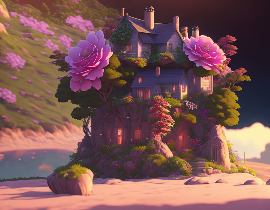 Enchanting house with large pink flowers on lush hillside at sunset