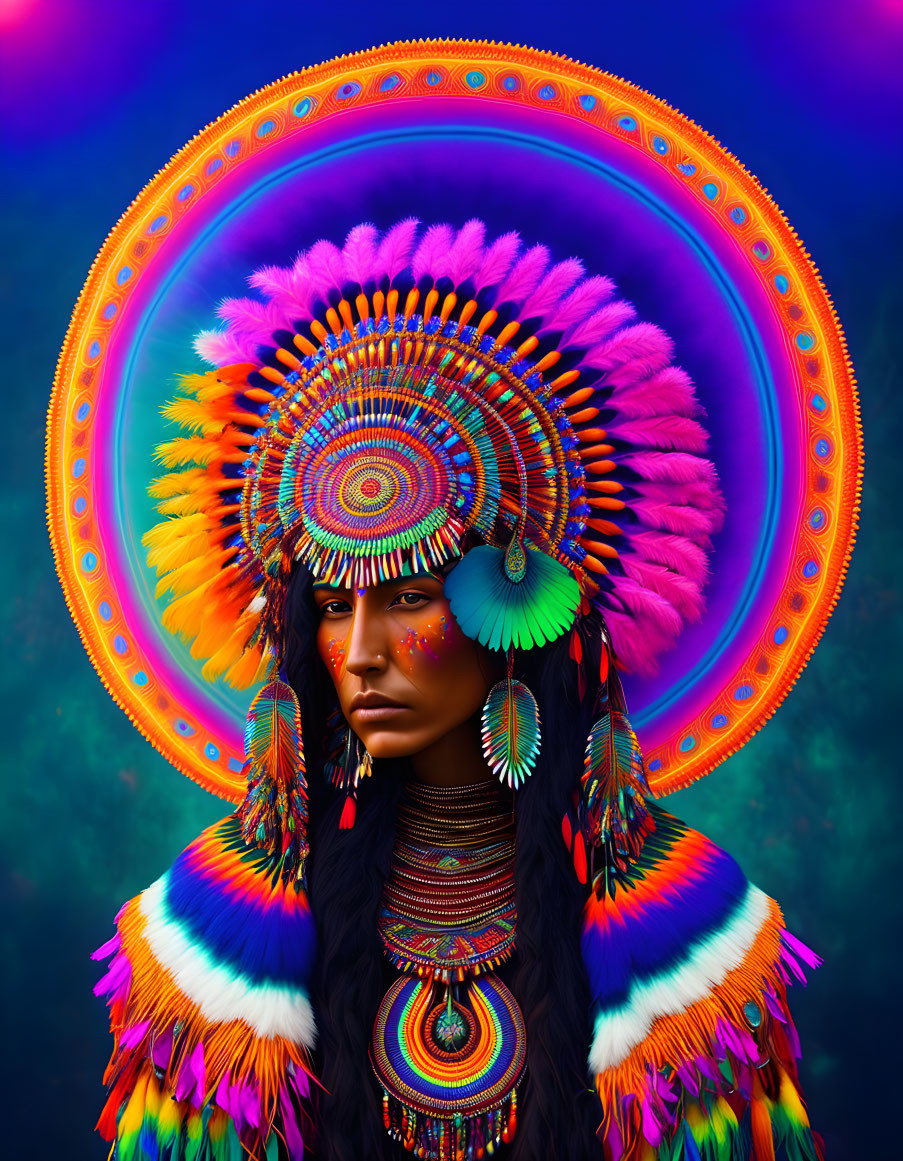 Colorful Native American headdress against vibrant background