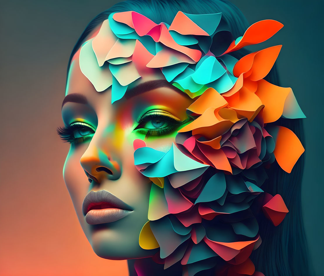 Colorful digital artwork: Woman with paper butterflies on face