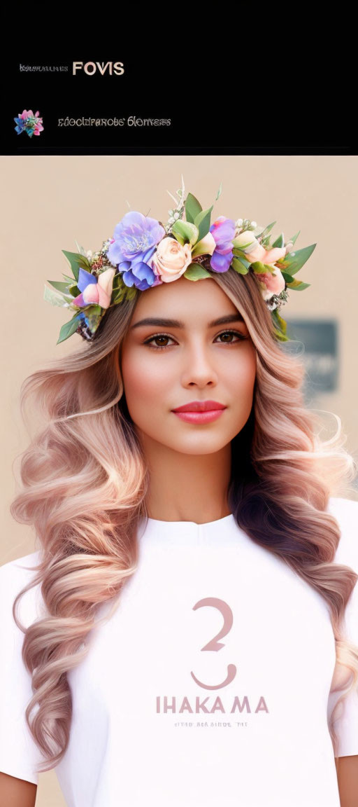 Blonde woman with wavy hair in white top and flower crown