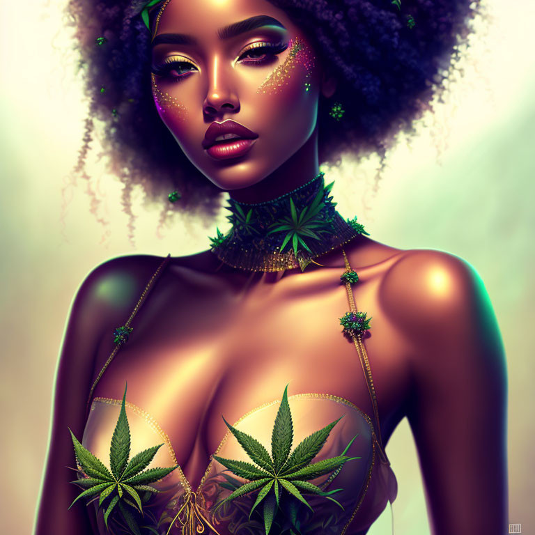 Digital Artwork: Woman with Stylized Makeup and Cannabis Leaf Accessories