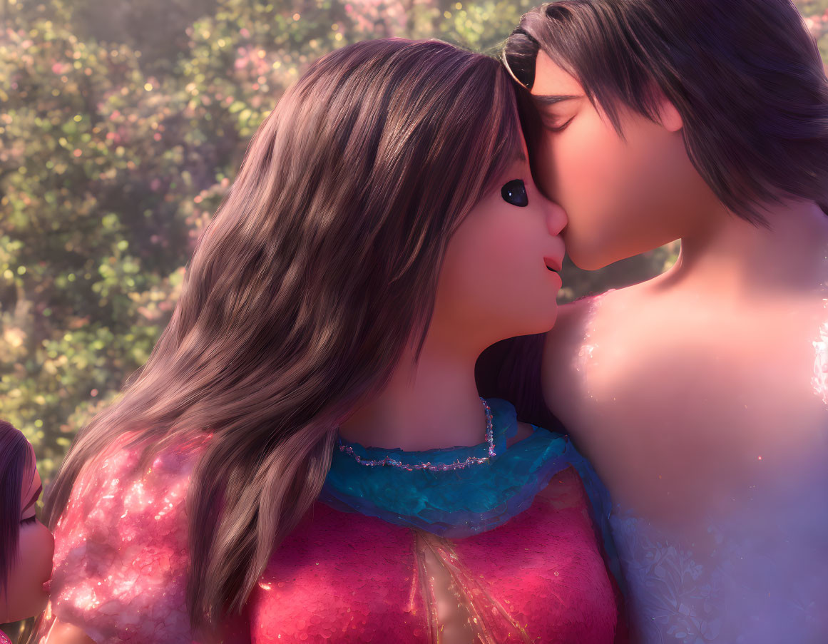 Animated characters in tender moment with noses touching in floral backdrop