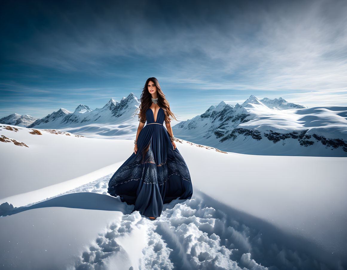 Woman in blue dress on snowy mountain range under clear skies