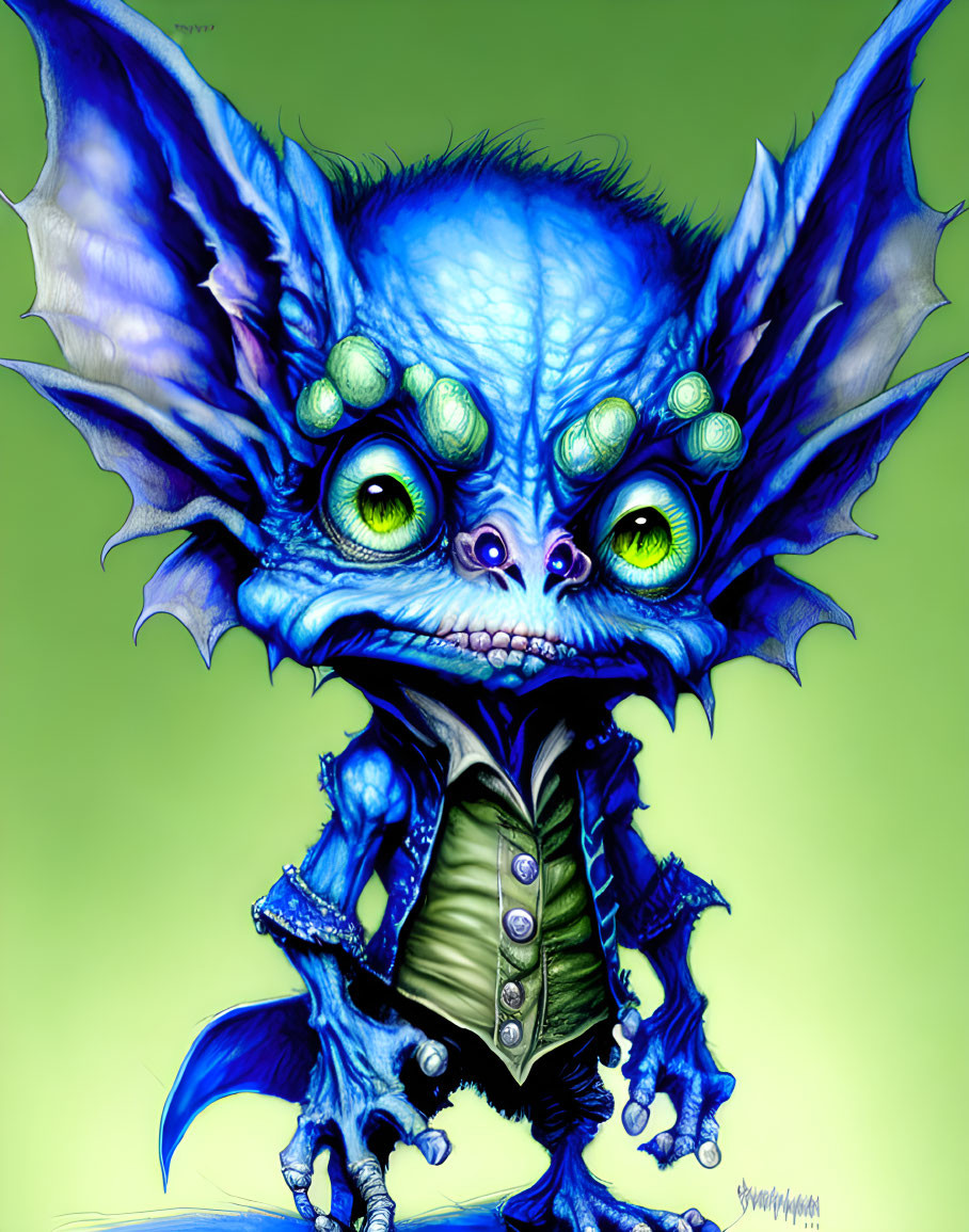 Colorful illustration of fanciful creature with blue skin, green eyes, large ears, vest, claw