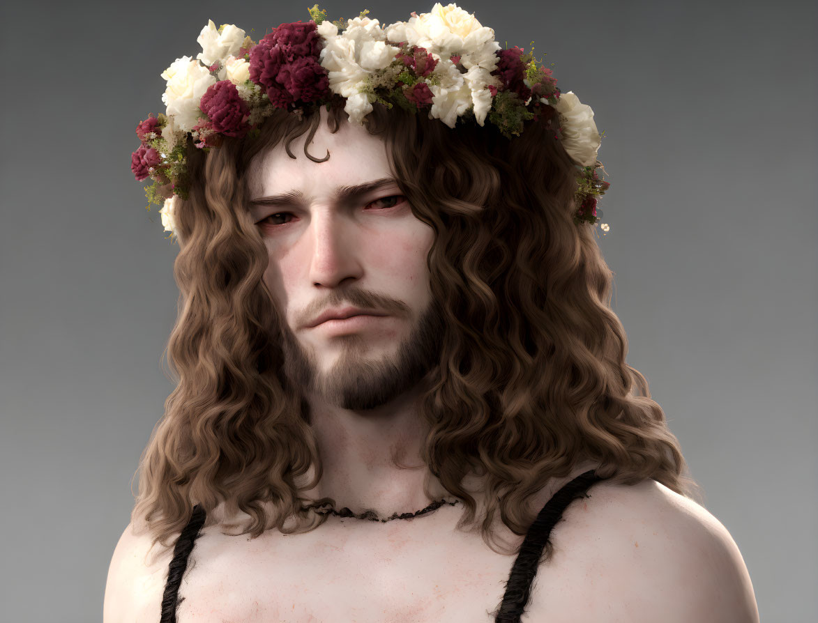 Portrait of a man with long curly hair and floral crown.