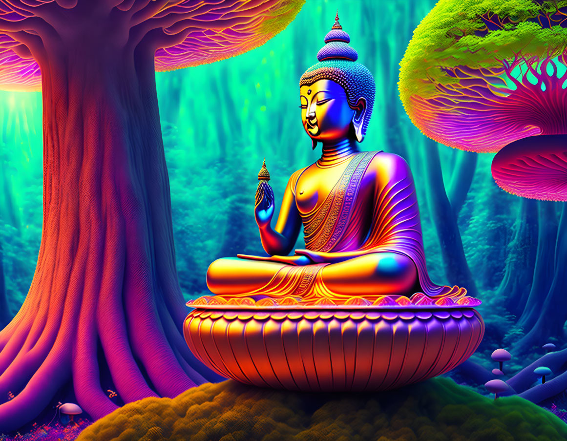 Seated Buddha in Meditation with Orange Robe in Mystical Forest