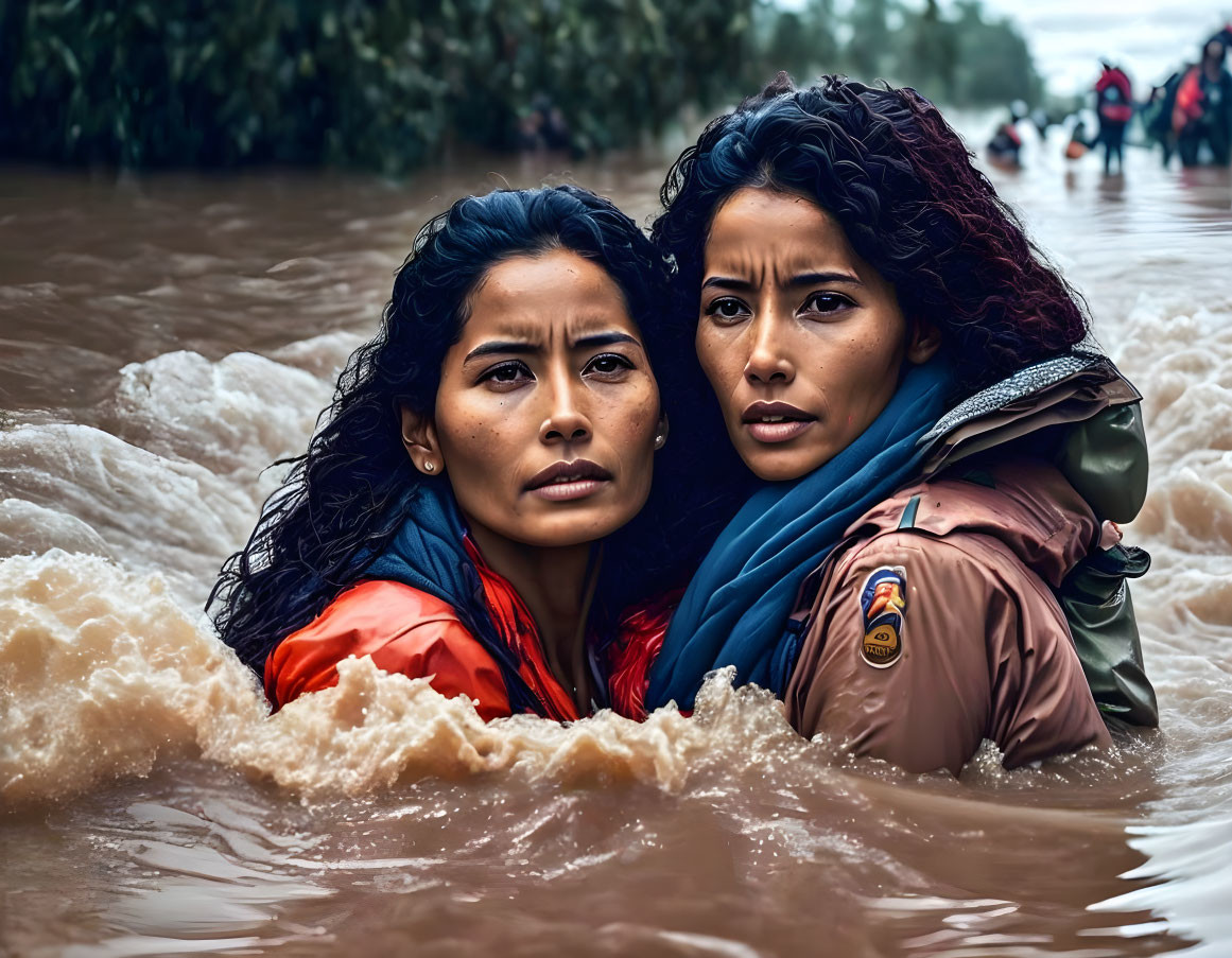 Two distressed women in red and brown attire embrace in flooded area with onlookers.