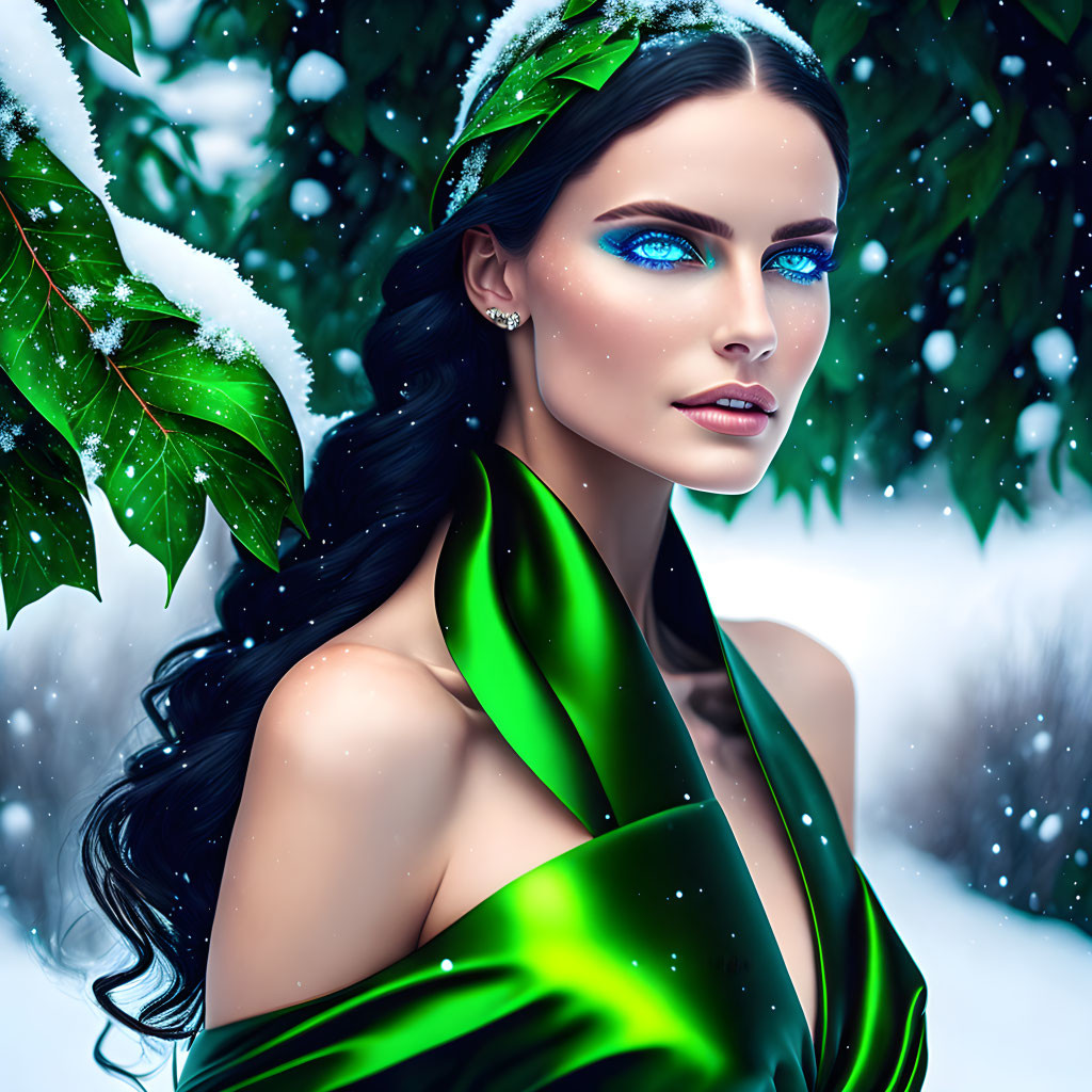 Digital portrait of woman with blue eyes, green silk wrap, snow-dusted holly leaves, snowy