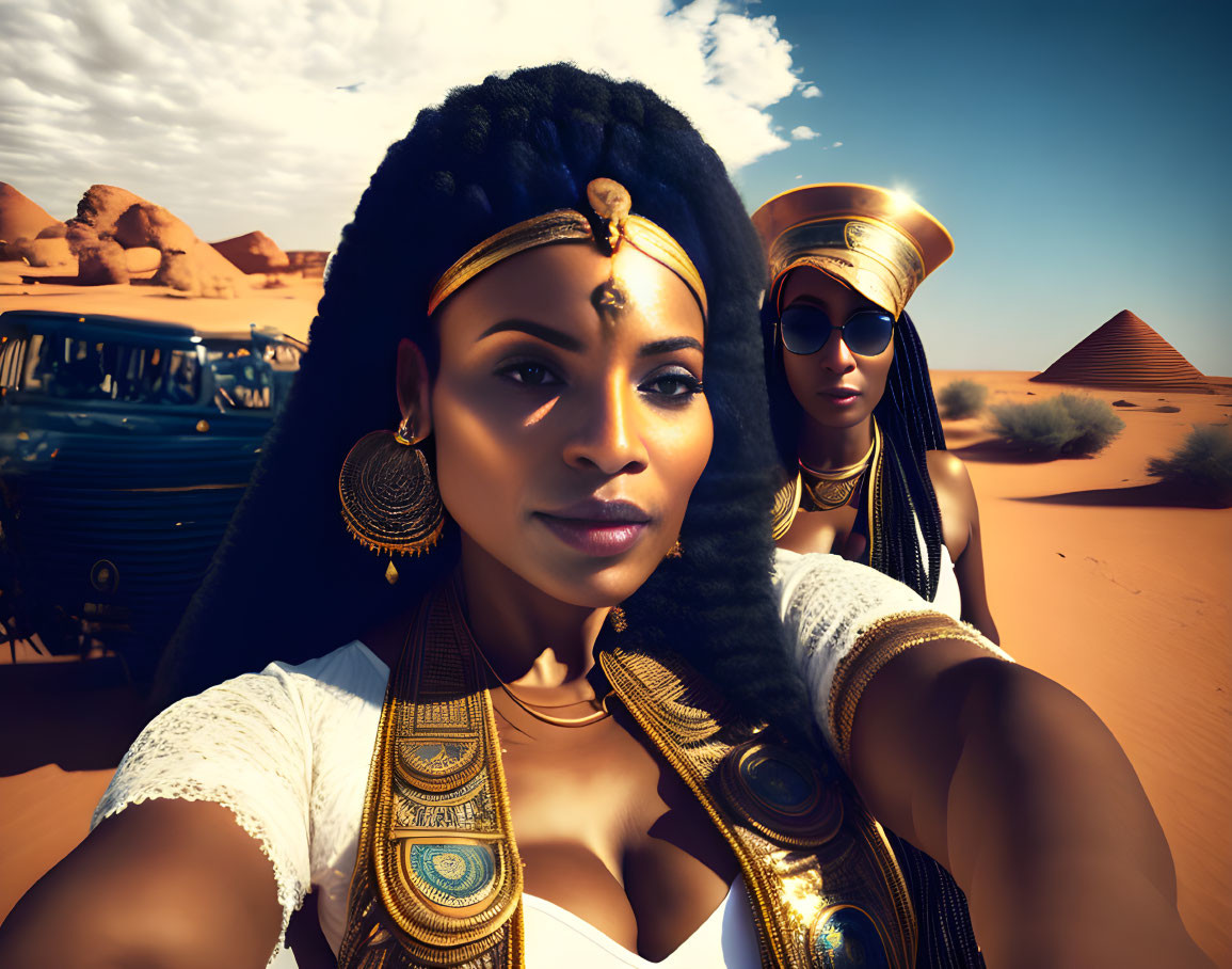 Two women in Ancient Egyptian attire with an off-road vehicle in desert landscape