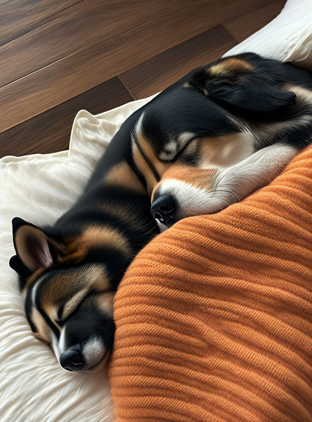 Tricolor puppies sleeping on white pillow with orange blanket