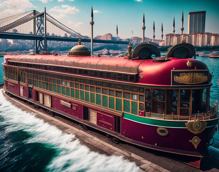 Luxurious Red and Gold Ferryboat on River with Suspension Bridge and Mosque Minarets