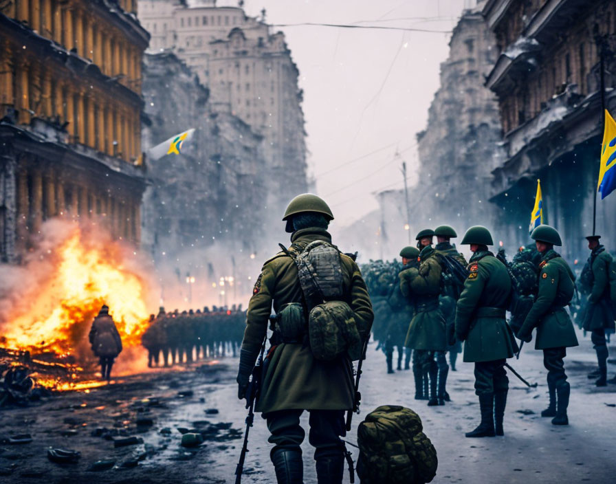 Soldiers in green uniforms watch crowd near blazing fire in city street