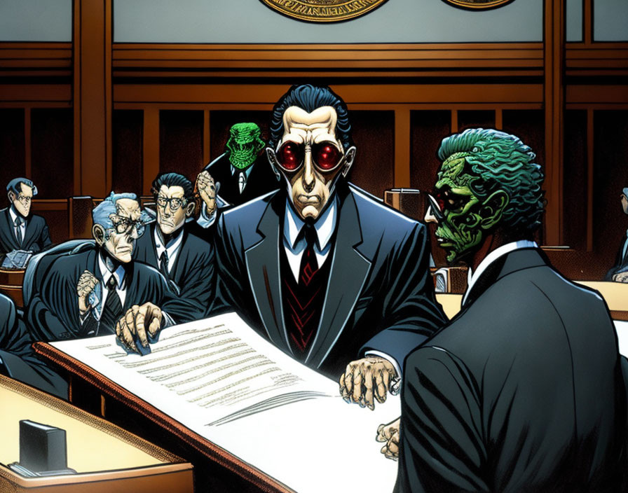 Stylized mob bosses in courtroom with exaggerated features