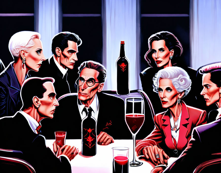 Stylized cartoon vampire characters at dimly lit table with wine