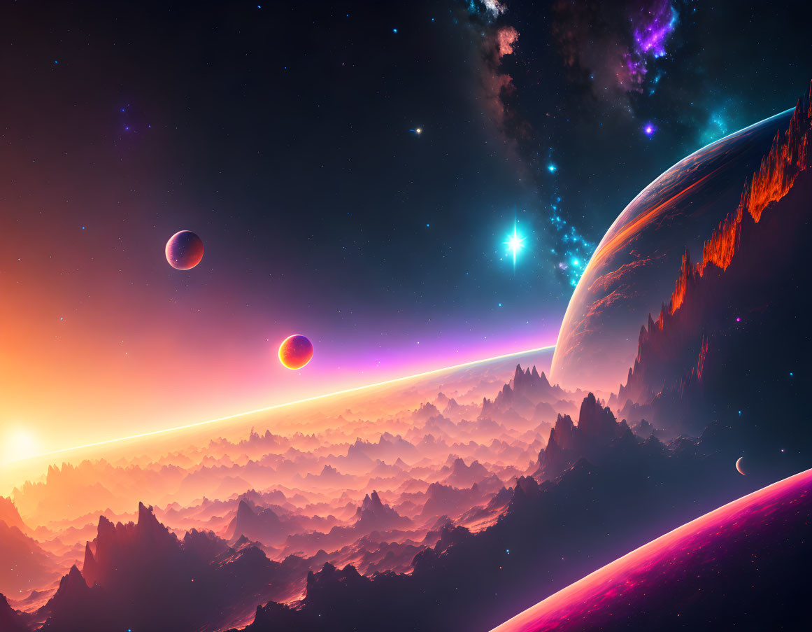 Colorful cosmic scene with planets, stars, nebulas, and alien landscape.