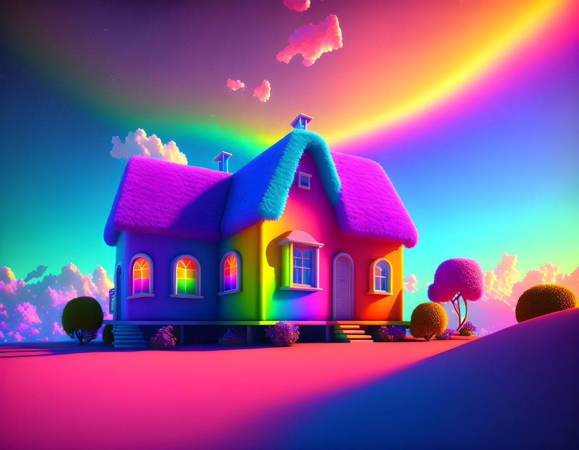 Colorful Cartoon-Style House with Rainbow Sky