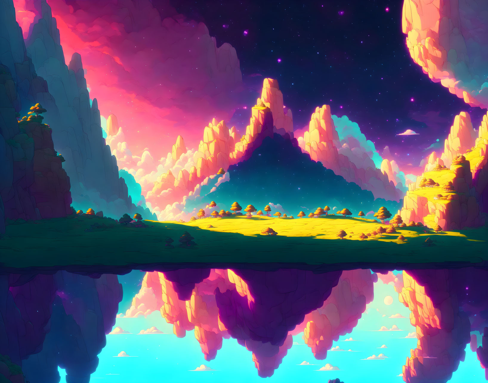 Colorful digital artwork: Mountain landscape, starry sky, pink clouds, serene water.