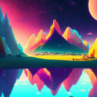 Colorful digital artwork: Mountain landscape, starry sky, pink clouds, serene water.