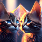 Hyper-realistic digital artwork of three glowing-eyed kittens