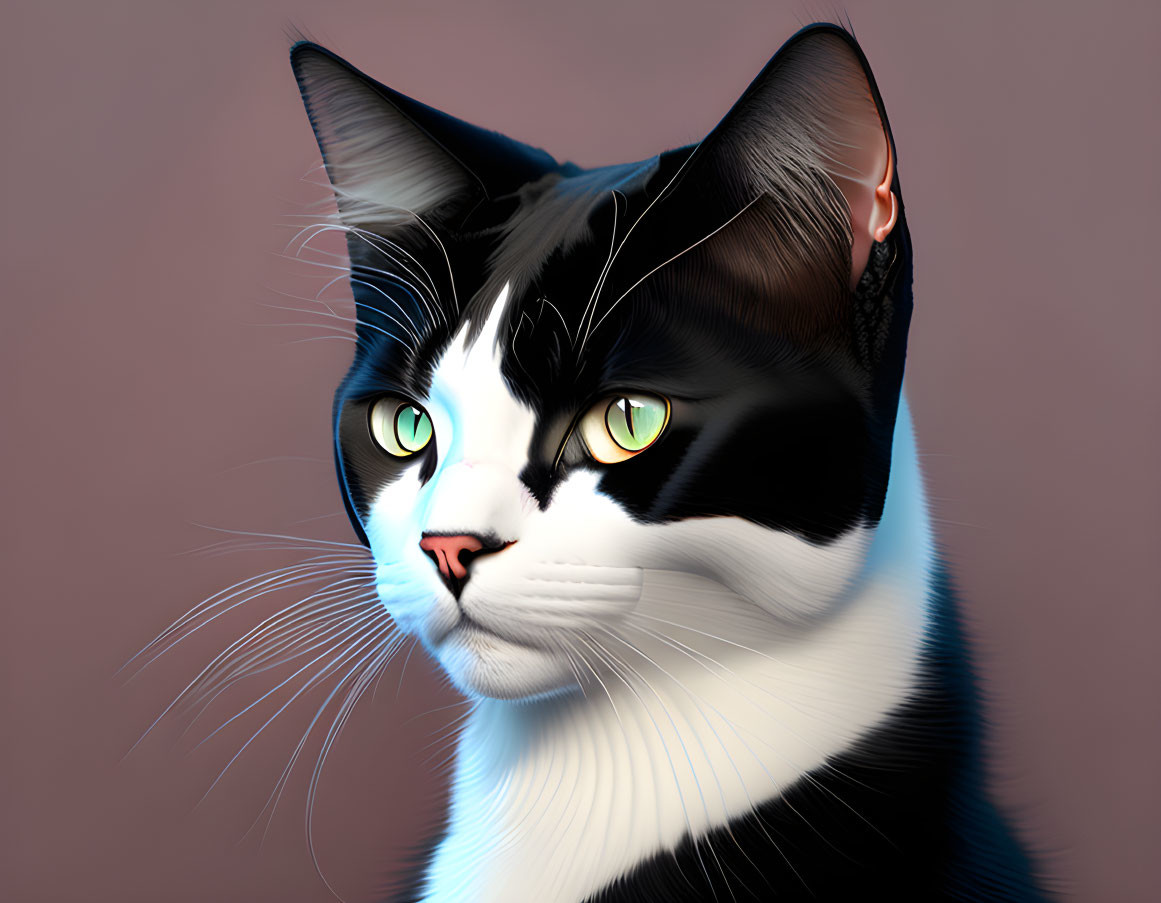 Black and White Cat with Green Eyes on Blush Background