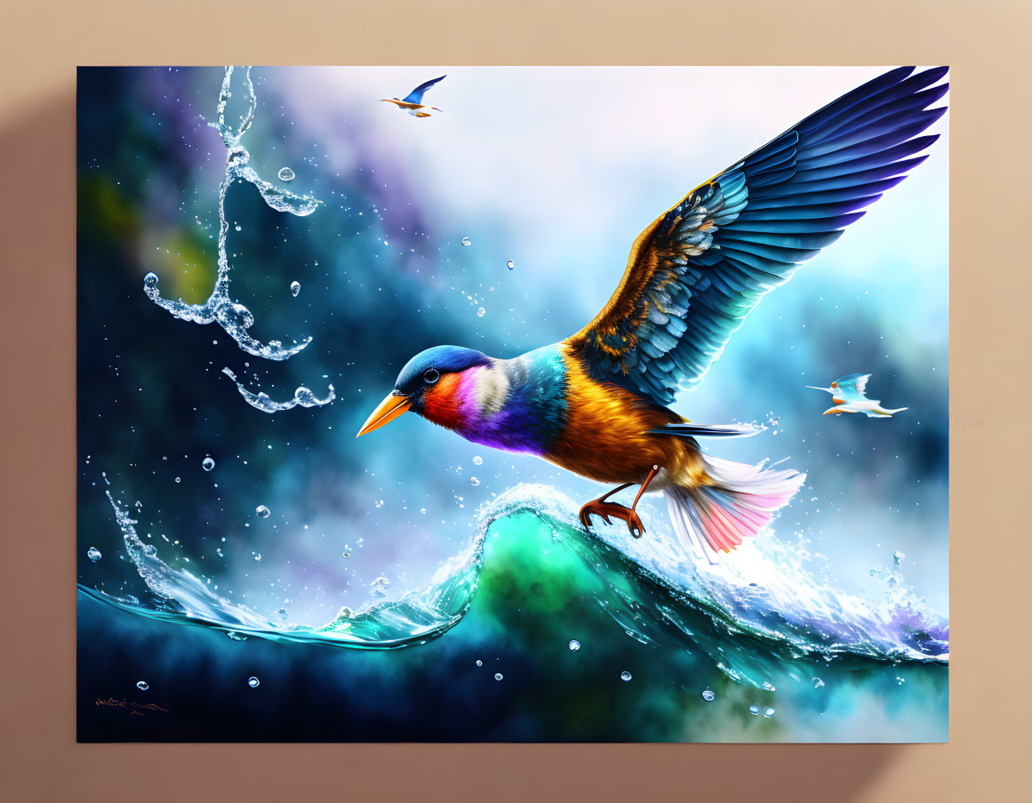 Colorful Bird Flying Over Rippling Water Surface with Splashes and Tiny Birds