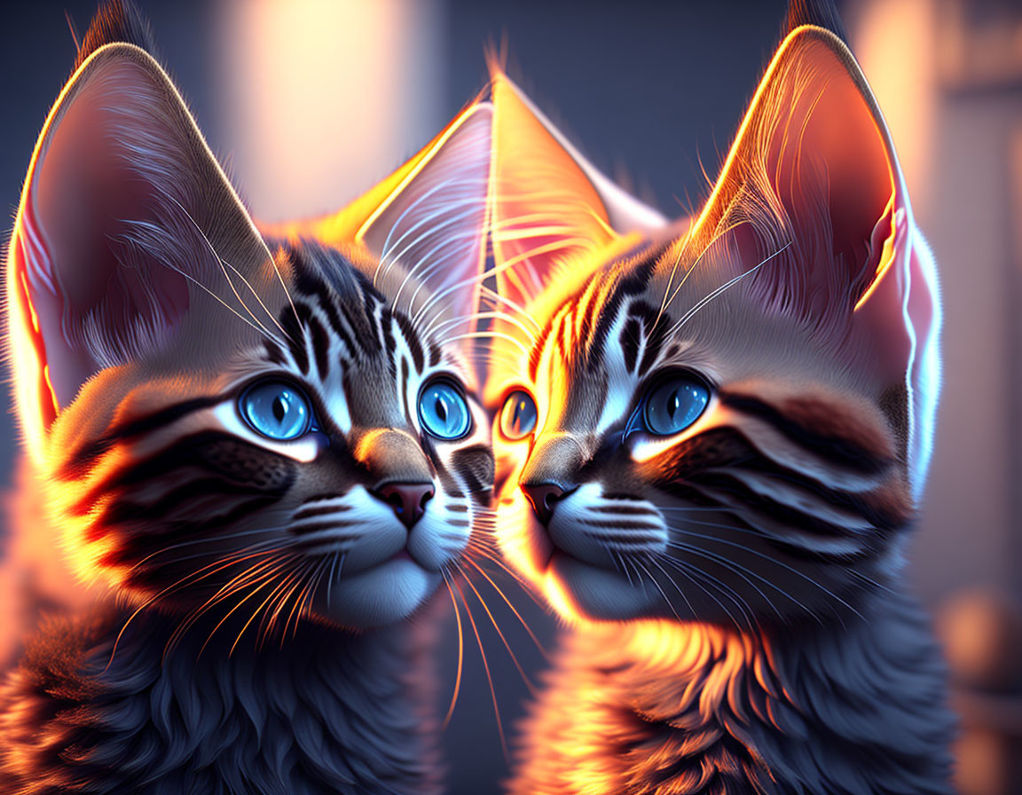 Hyper-realistic digital artwork of three glowing-eyed kittens