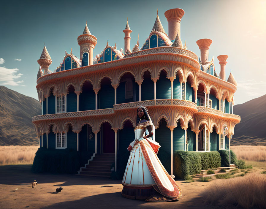 Traditional white and gold dress woman in front of turquoise fantasy mansion.