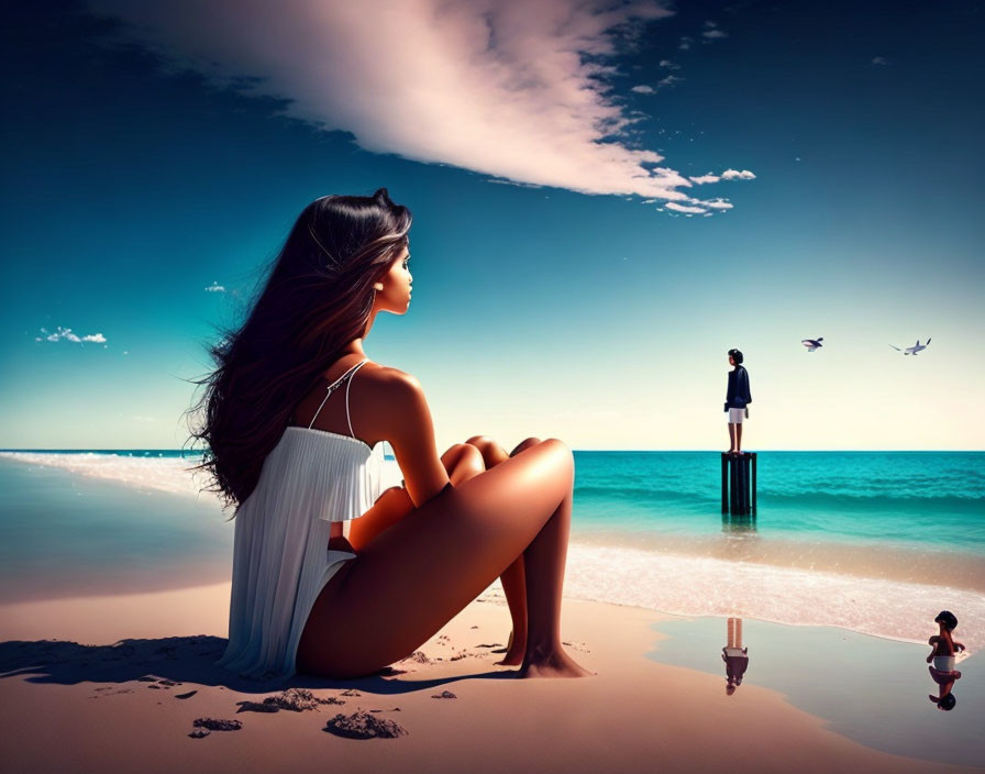 Woman in white dress on sandy beach with child and person on platform.