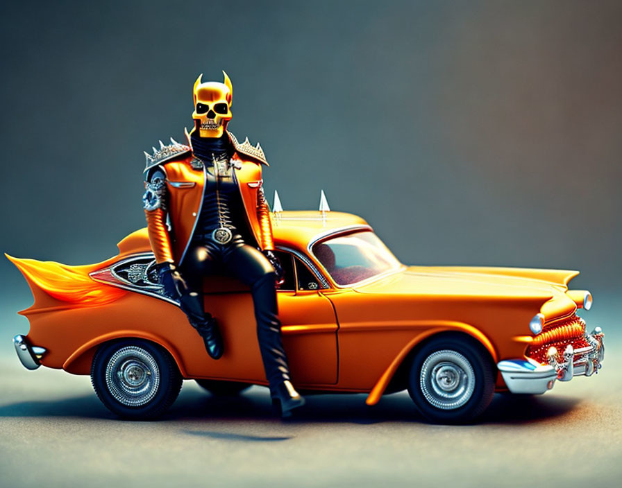 Skeletal punk character on classic orange car hood