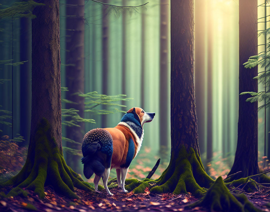 Dog in sweater in forest with sunlight filtering through trees