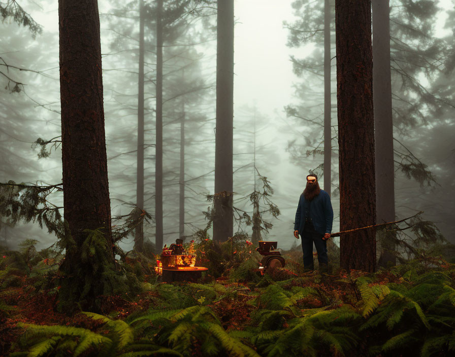 Bearded person in misty forest with candles, typewriter, and walking stick