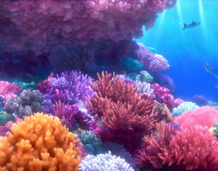 Colorful Coral Formations and Fish in Vibrant Underwater Scene