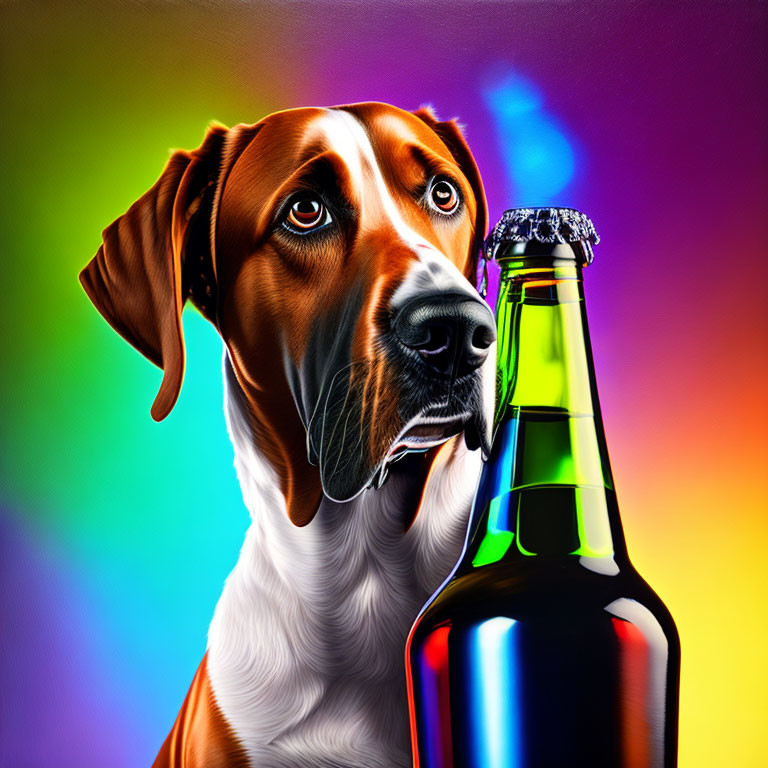 Colorful Illustration: Brown and White Dog Sniffing Green Bottle on Rainbow Background