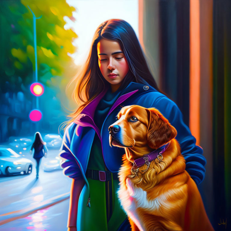 Woman in Colorful Coat with Golden Dog on City Street at Sunset