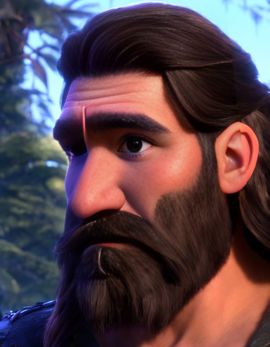 Close-Up of 3D-Animated Character with Black Mustache and Armor