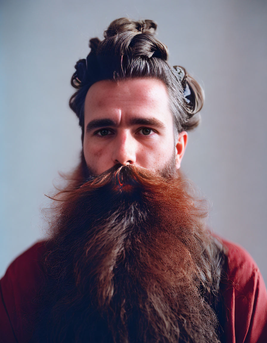 Stylized hairdo and voluminous brown beard on man in burgundy shirt