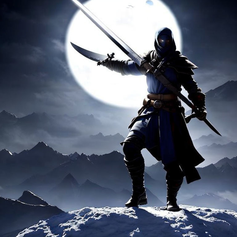 Silhouetted ninja with sword on snowy mountain under full moon