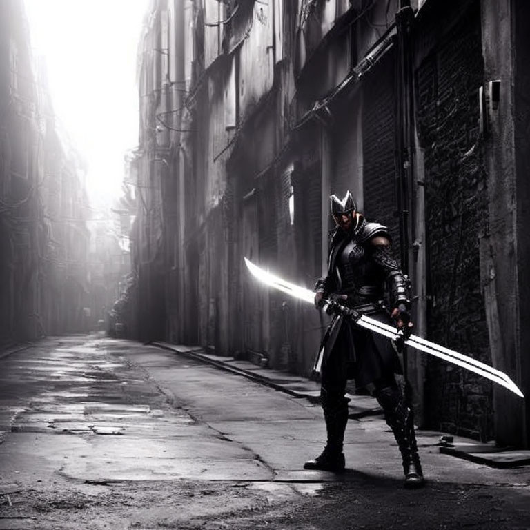 Medieval knight in armor with sword in urban alleyway