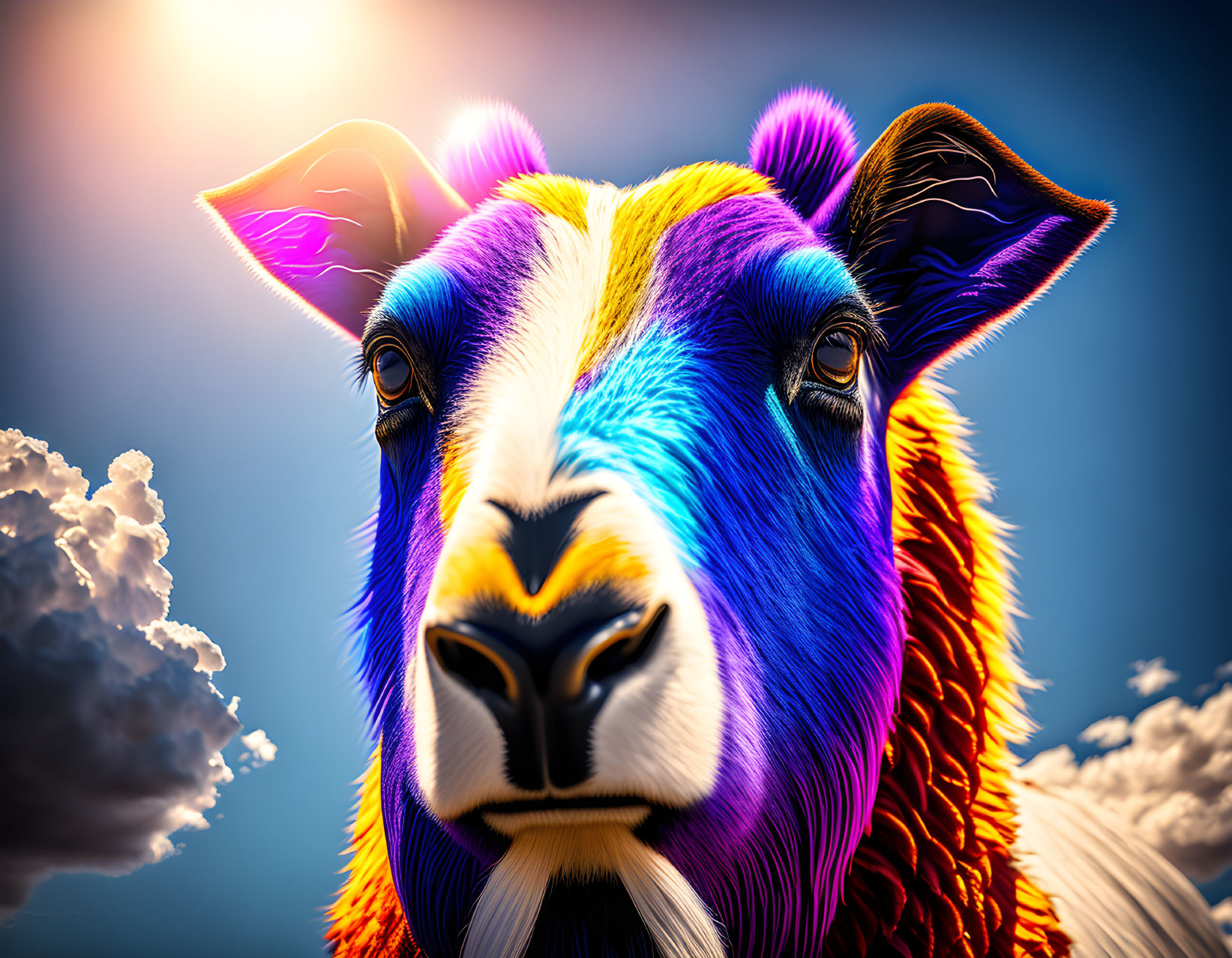 Colorful Sheep Illustration with Rainbow Wool in Sunny Sky