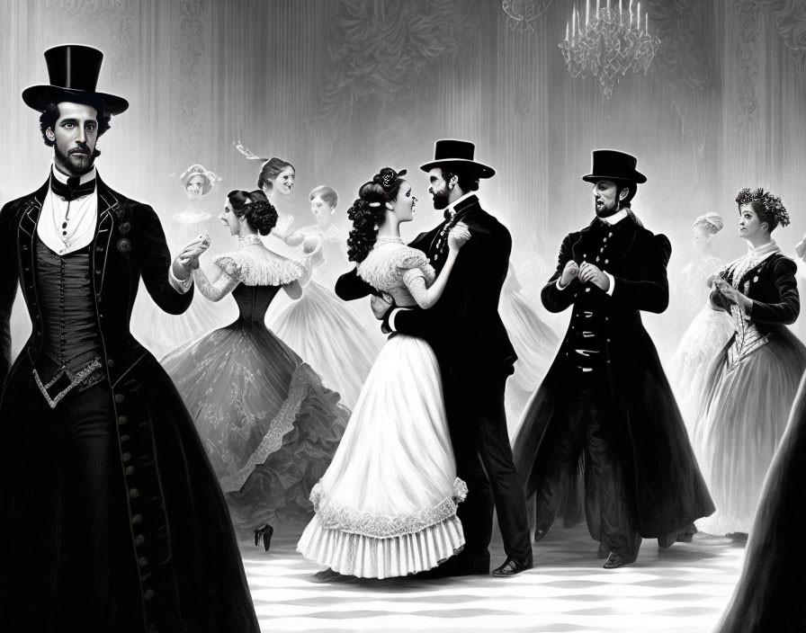 Victorian-era ball illustration with elegantly dressed couples and man in top hat