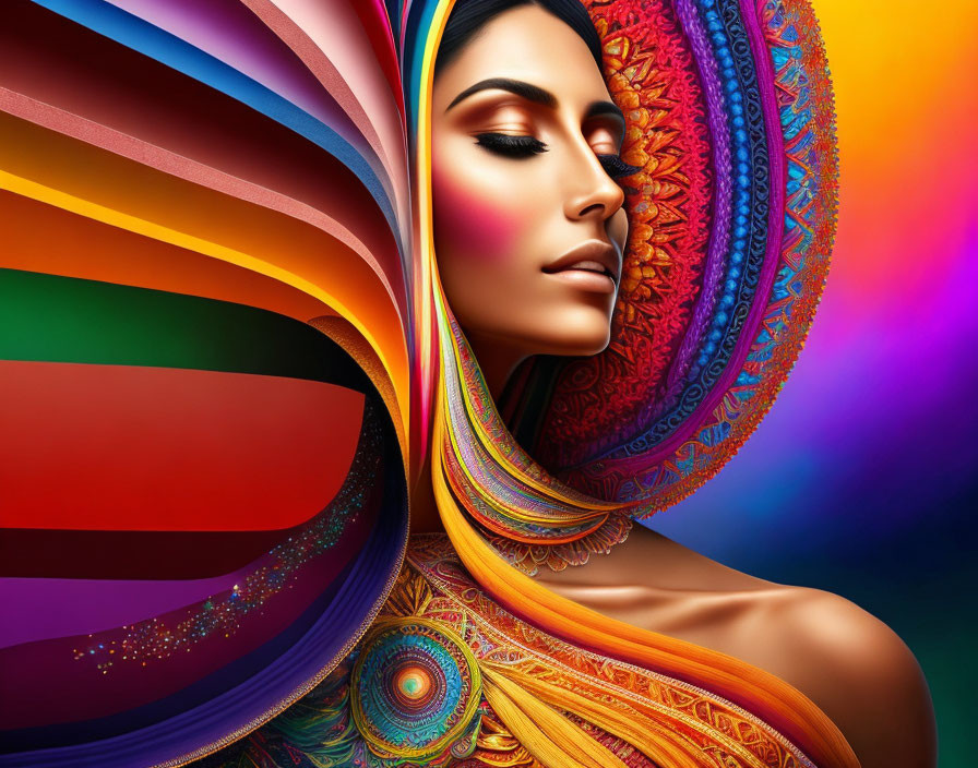 Colorful digital artwork: Woman with flowing headscarf and intricate patterns on rainbow background