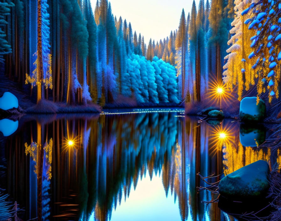 Snow-covered pine trees and warm lights in serene winter lake scene