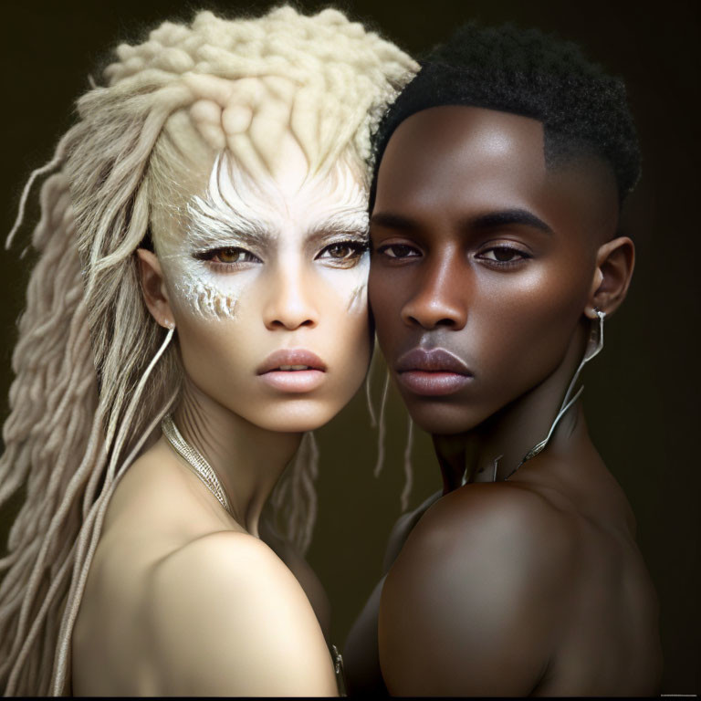 Avant-garde makeup and hairstyles on two models in close pose