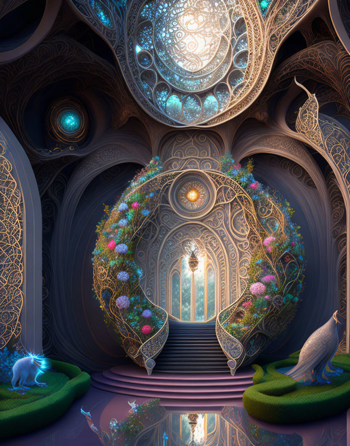 Ethereal room with glowing patterns, stairway, animal-like figures