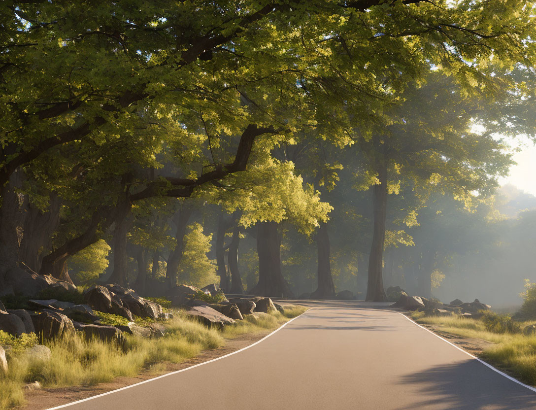 Tranquil road bordered by lush trees and sunlight glow