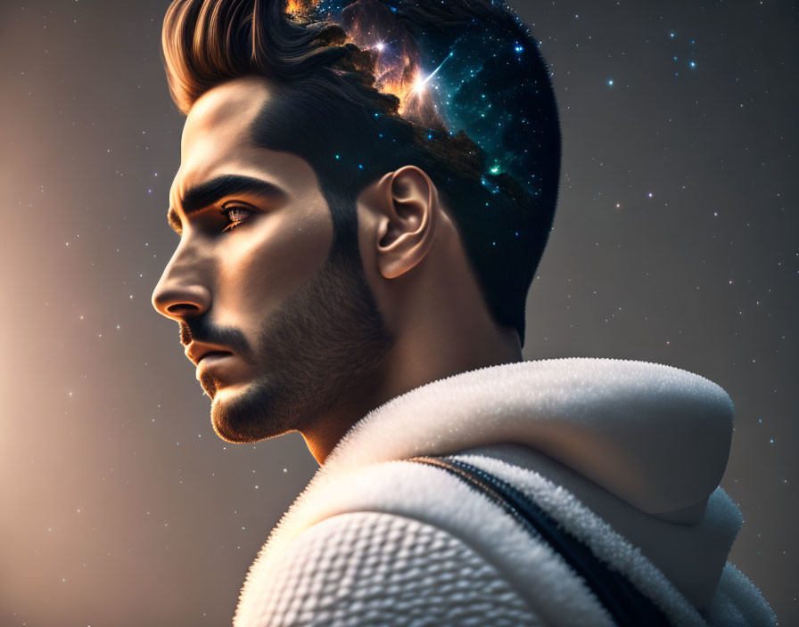 Profile of a man with cosmic galaxy effect symbolizing deep thought