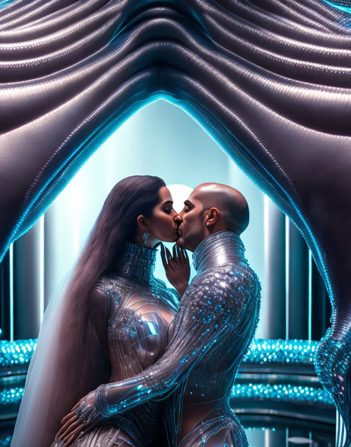 Futuristic couple embracing in vivid blue-lit corridor