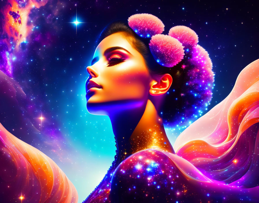 Cosmic-themed digital artwork of a glowing woman with galaxy makeup